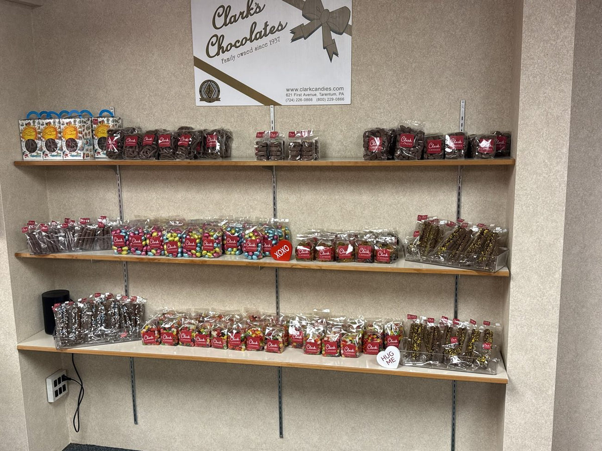 Shelves of handmade Clark Candies chocolates in the Tarentum shop