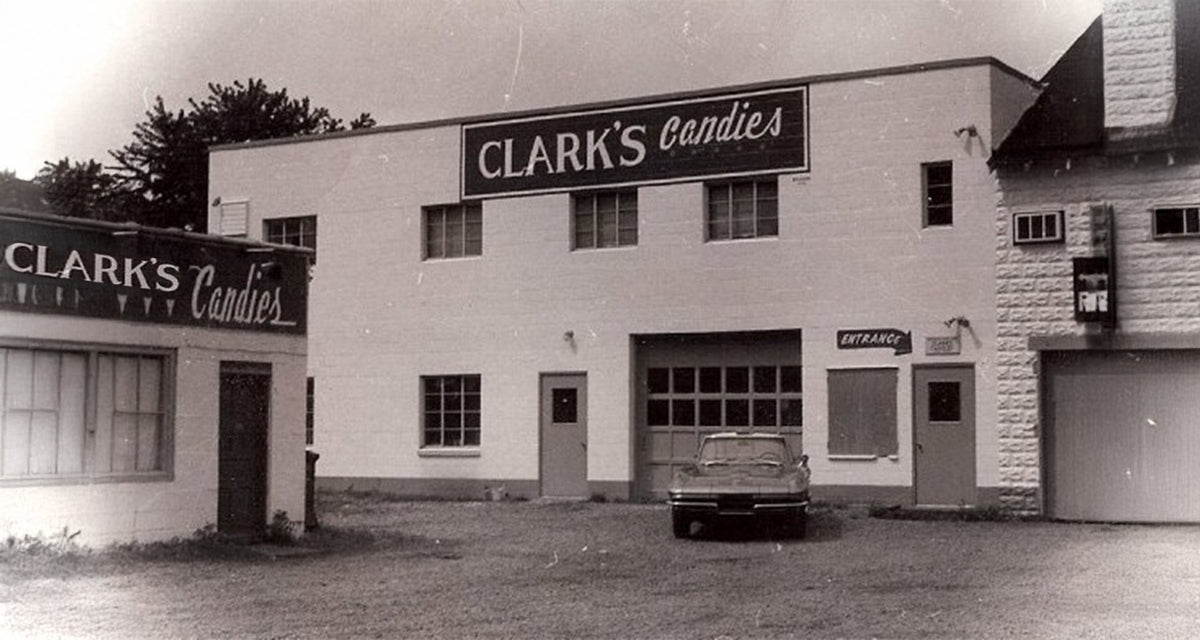 The Clark's Candies building in Tarentum, in an old black and white photo
