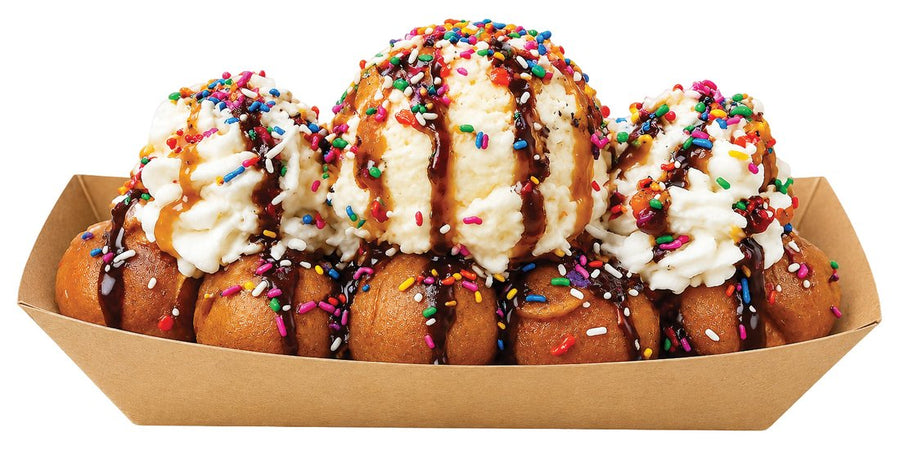 Waffle Ball Sundae with hot fudge and rainbow sprinkles