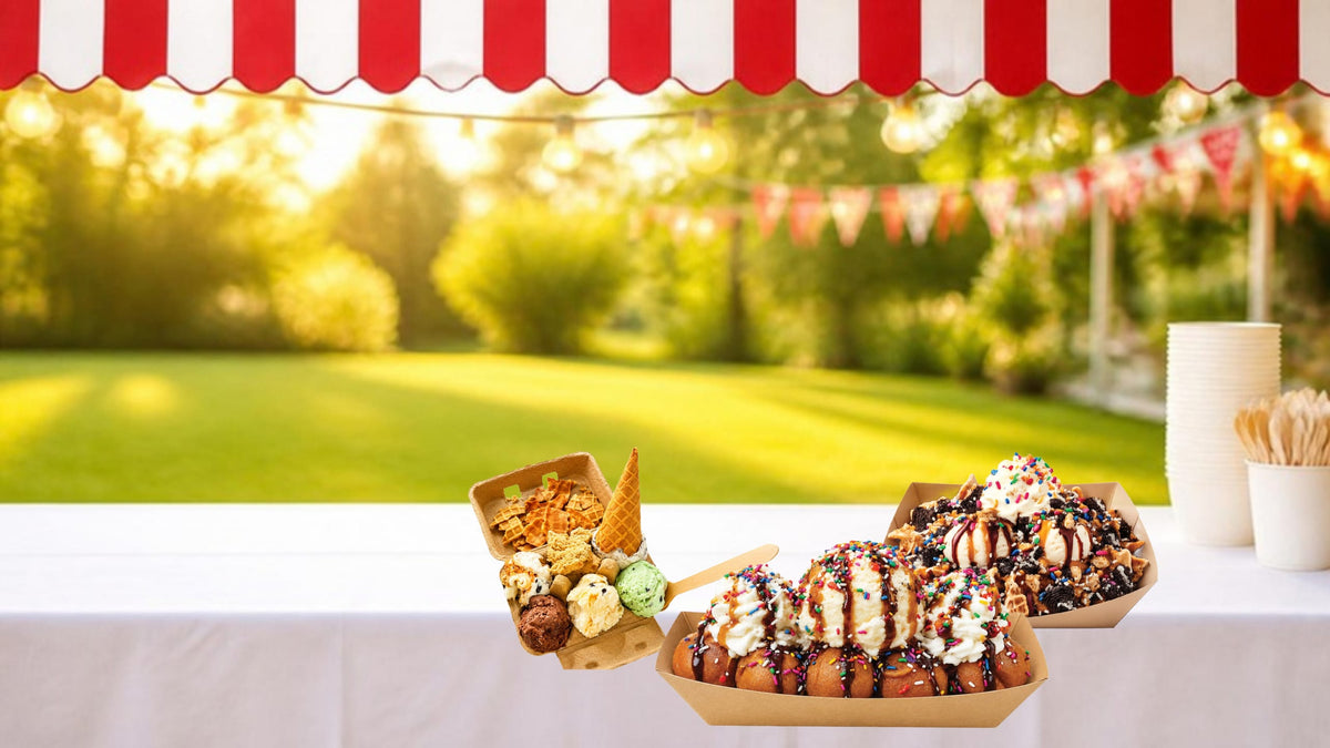 Clark's Egg Carton Sampler, Waffle Ball Sundae and Hot Fudge Nachos on a party dessert table under a red and white striped canopy