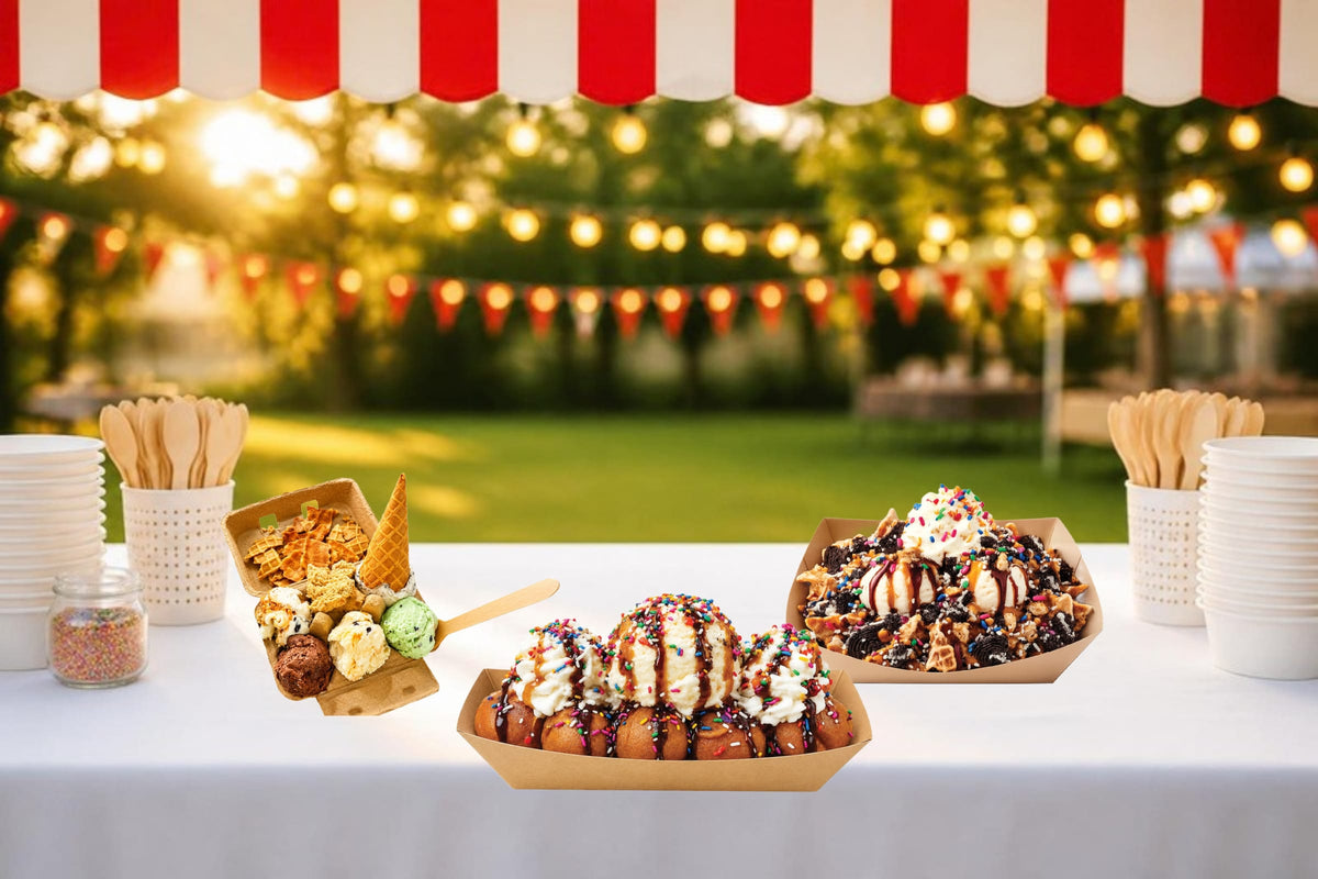 Clark's Egg Carton Sampler, Waffle Ball Sundae and Hot Fudge Nachos on a party dessert table under a red and white striped canopy