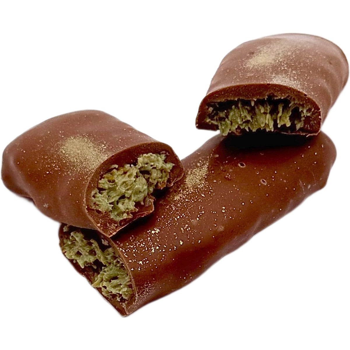 Dubai Truffle cut open to show the pistachio center