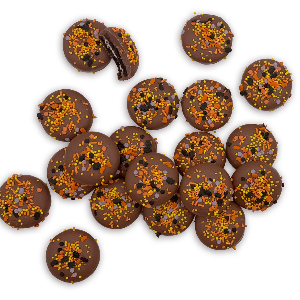 Halloween sprinkled chocolate dipped Oreos