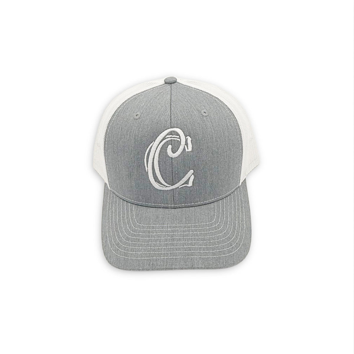 Trucker hat, heather gray with white monogram