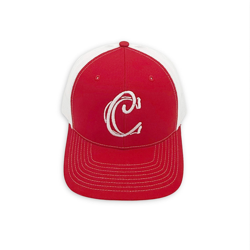 Trucker hat, red with white monogram