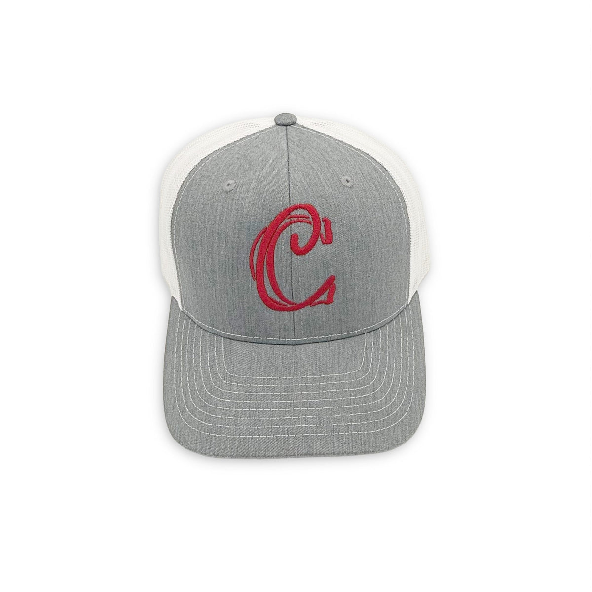 Trucker hat, heather gray with red monogram